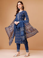 Printed Rayon Kurta With Pant & Dupatta, Multicolor - Hiral Fashion | Grocsy