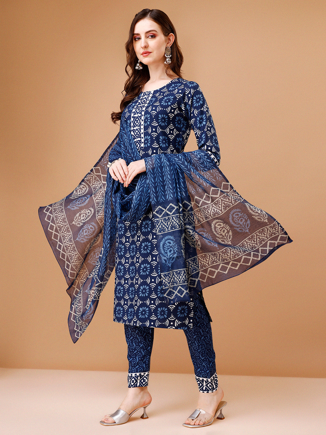 Printed Rayon Kurta With Pant & Dupatta, Multicolor - Hiral Fashion | Grocsy