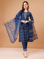 Printed Rayon Kurta With Pant & Dupatta, Multicolor - Hiral Fashion | Grocsy