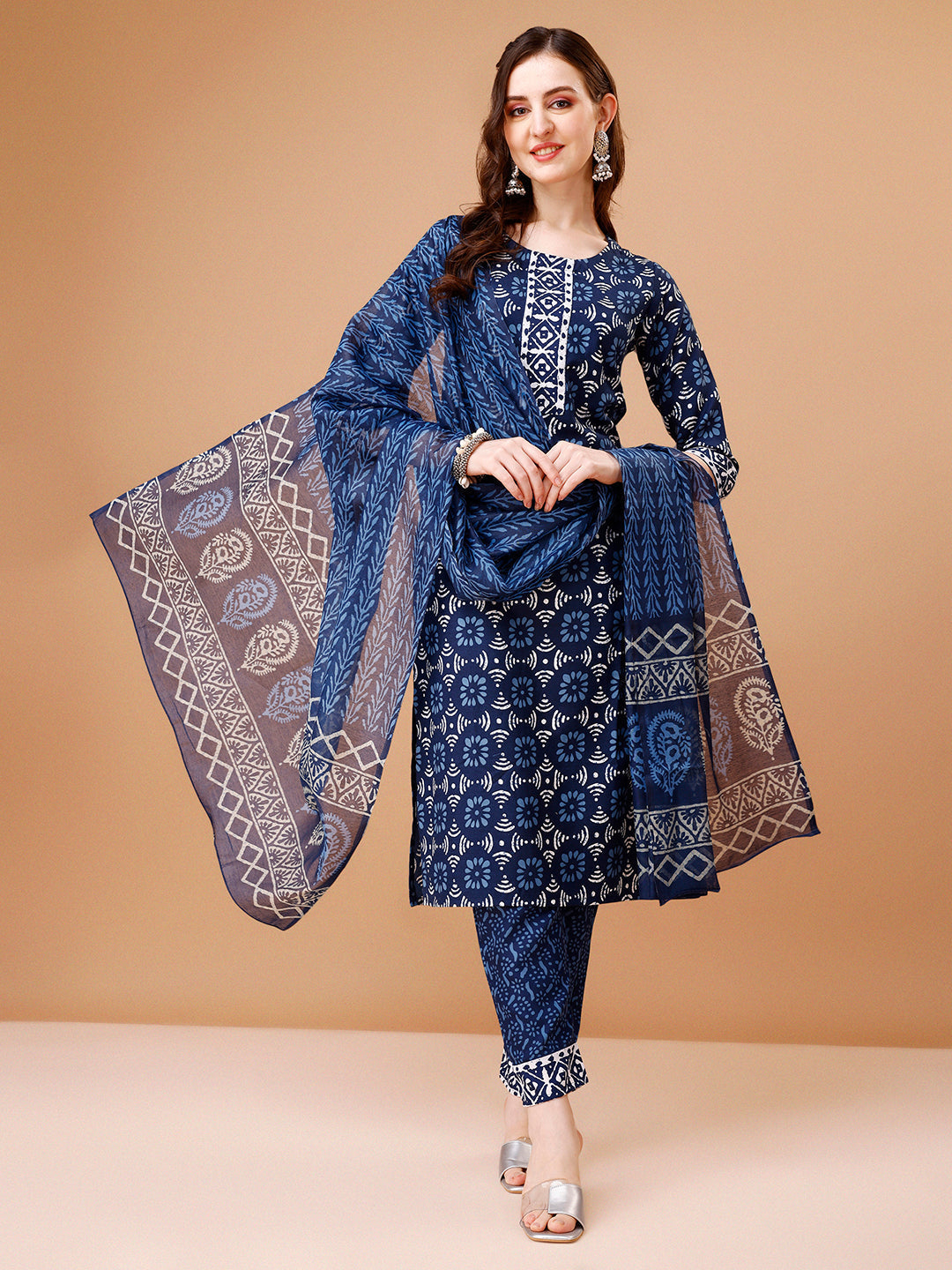 Printed Rayon Kurta With Pant & Dupatta, Multicolor - Hiral Fashion | Grocsy