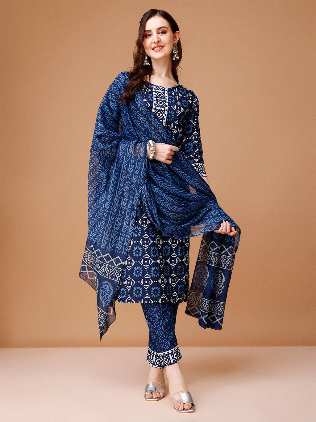 Printed Rayon Kurta With Pant & Dupatta, Multicolor - Hiral Fashion | Grocsy