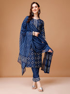 Printed Rayon Kurta With Pant & Dupatta, Multicolor - Hiral Fashion | Grocsy