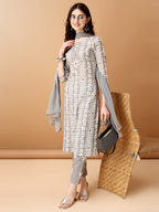 Bandhani Printed Cotton Kurta With Pant & Dupatta, Grey - Hiral Fashion | Grocsy