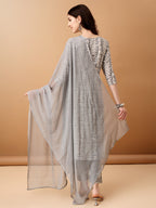 Bandhani Printed Cotton Kurta With Pant & Dupatta, Grey - Hiral Fashion | Grocsy