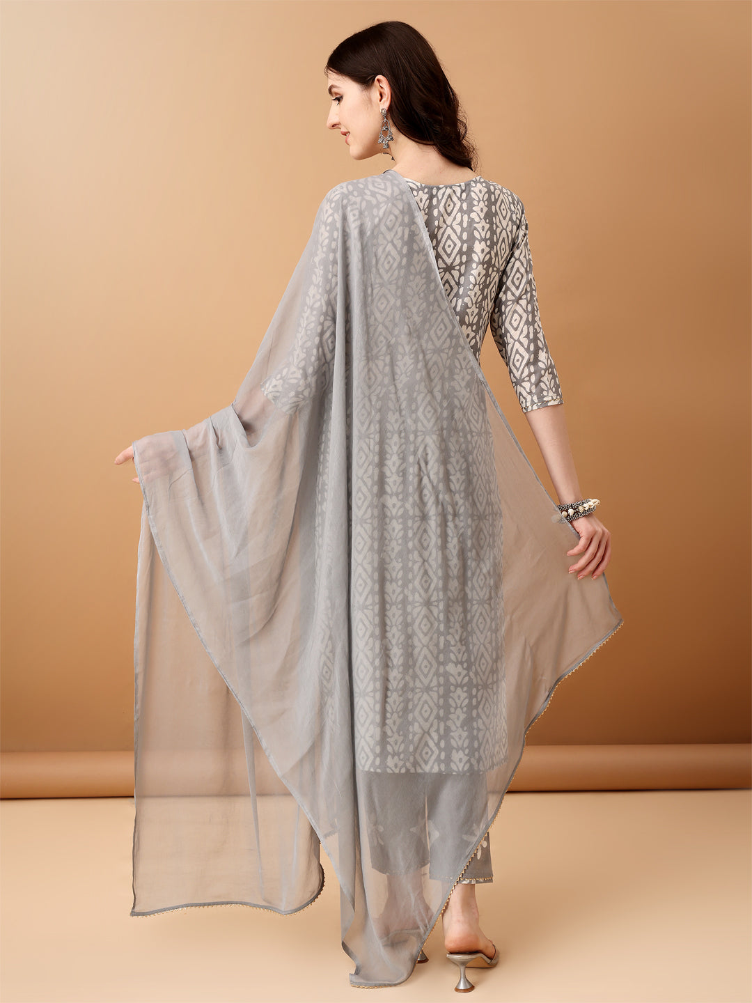 Bandhani Printed Cotton Kurta With Pant & Dupatta, Grey - Hiral Fashion | Grocsy