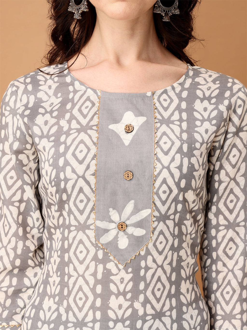 Bandhani Printed Cotton Kurta With Pant & Dupatta, Grey - Hiral Fashion | Grocsy