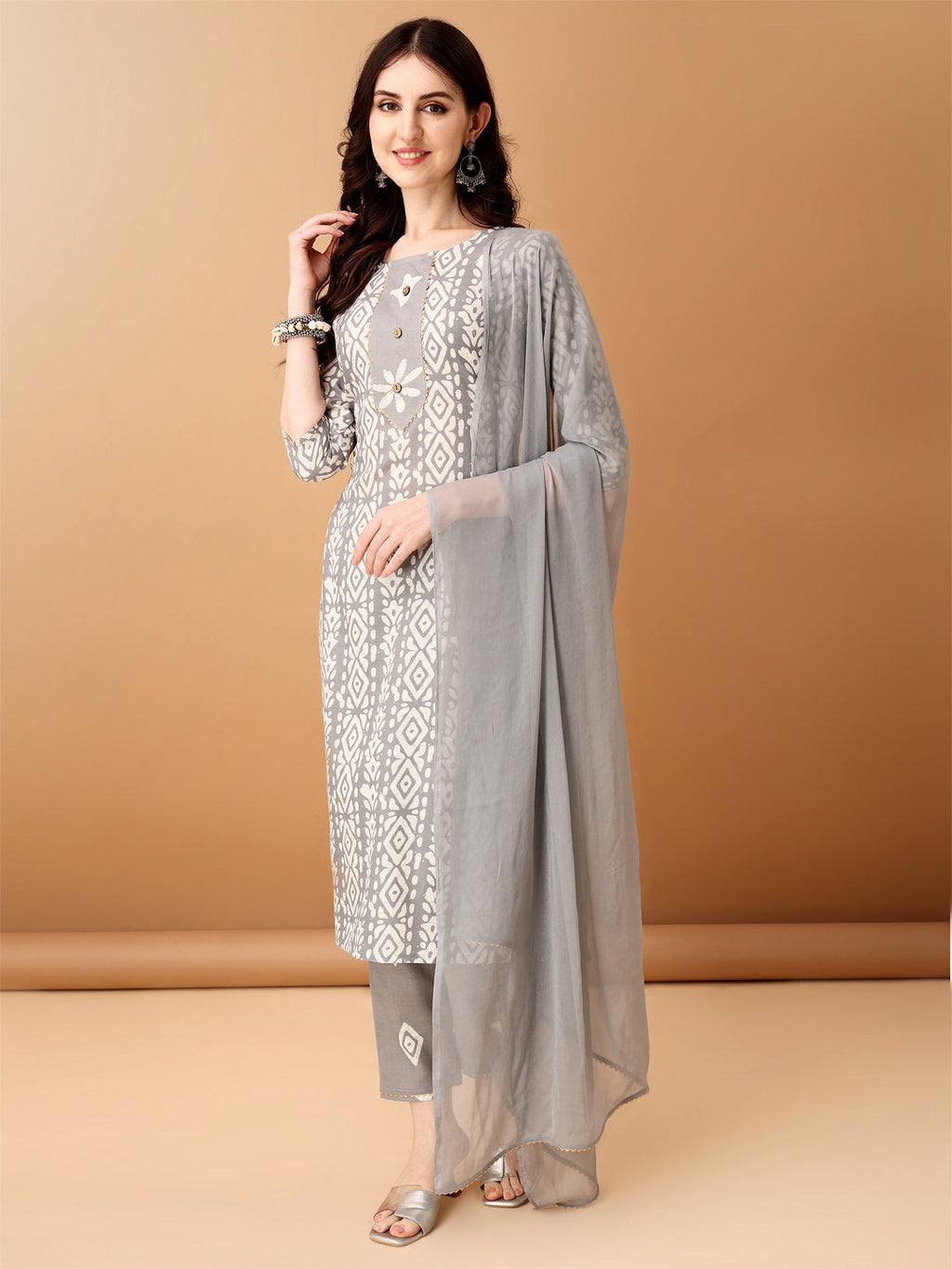 Bandhani Printed Cotton Kurta With Pant & Dupatta, Grey - Hiral Fashion | Grocsy