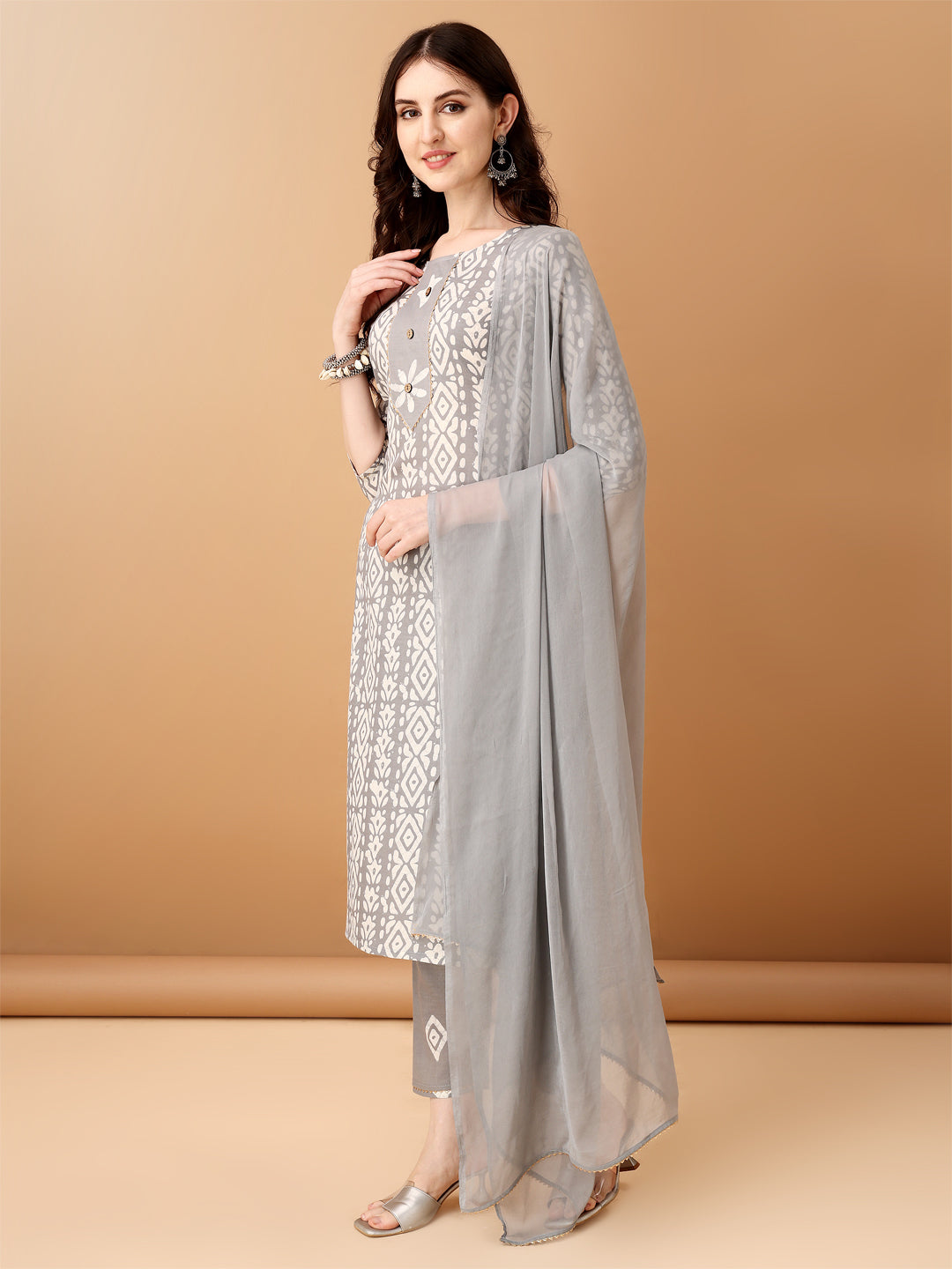 Bandhani Printed Cotton Kurta With Pant & Dupatta, Grey - Hiral Fashion | Grocsy