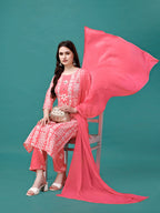 Bandhani Printed Cotton Kurta With Pant & Dupatta, Multicolor - Hiral Fashion | Grocsy
