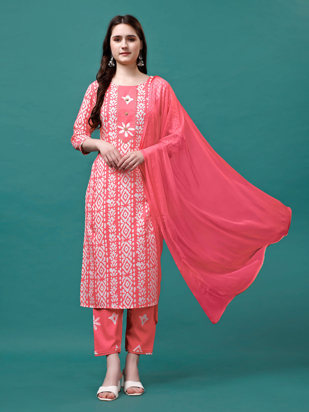 Bandhani Printed Cotton Kurta With Pant & Dupatta, Multicolor - Hiral Fashion | Grocsy