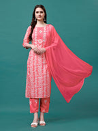 Bandhani Printed Cotton Kurta With Pant & Dupatta, Multicolor - Hiral Fashion | Grocsy