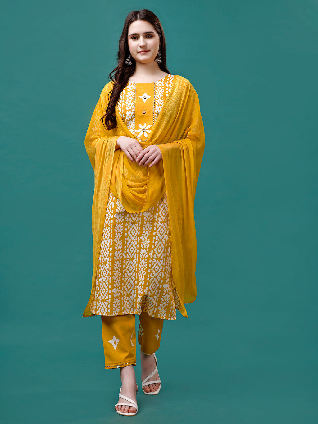 Bandhani Printed Cotton Kurta With Pant & Dupatta, Multicolor - Hiral Fashion | Grocsy