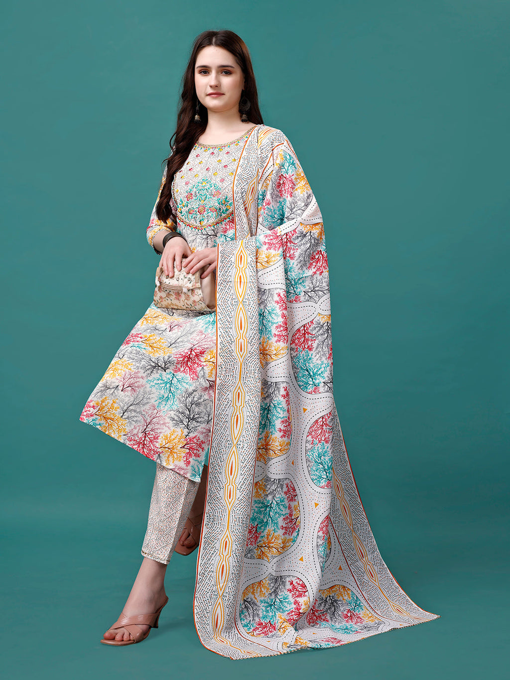 Embroidered & Printed Multicolor Kurta With Pant & Printed Dupatta, Multicolor - Hiral Fashion | Grocsy