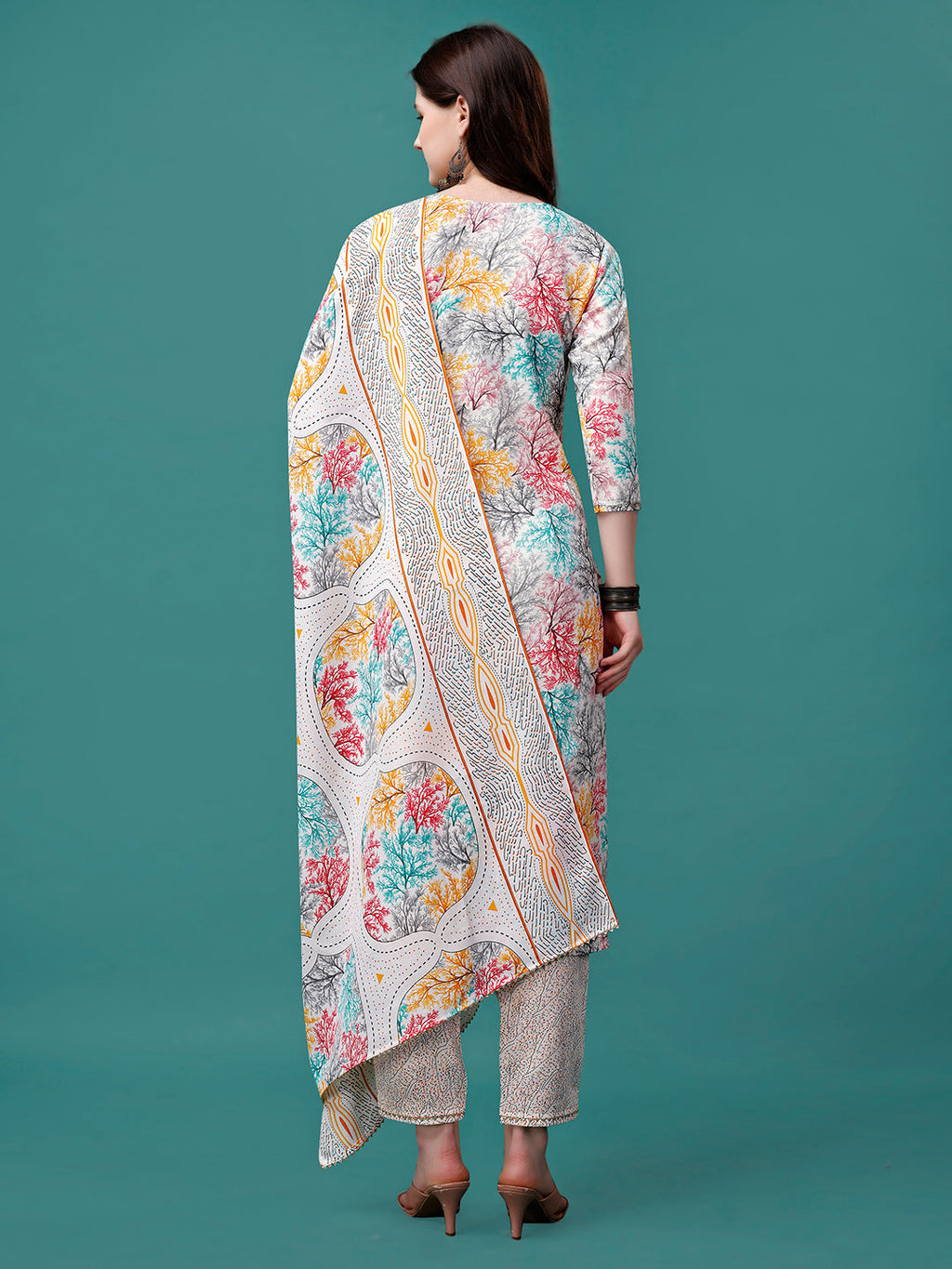 Embroidered & Printed Multicolor Kurta With Pant & Printed Dupatta, Multicolor - Hiral Fashion | Grocsy