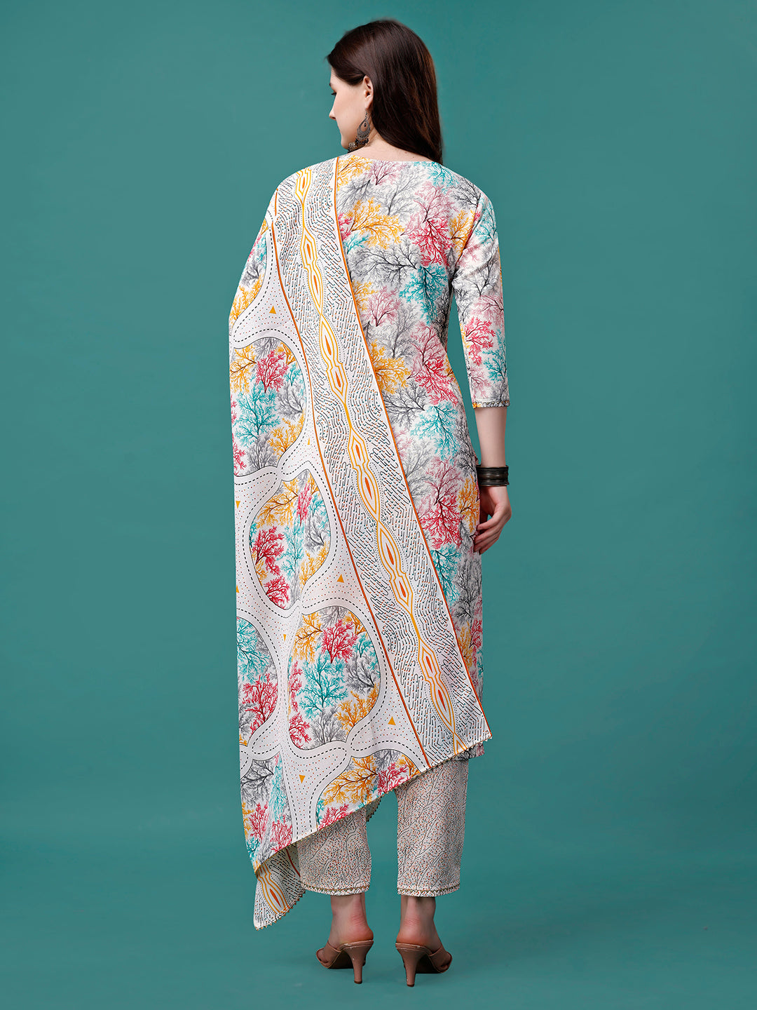 Embroidered & Printed Multicolor Kurta With Pant & Printed Dupatta, Multicolor - Hiral Fashion | Grocsy