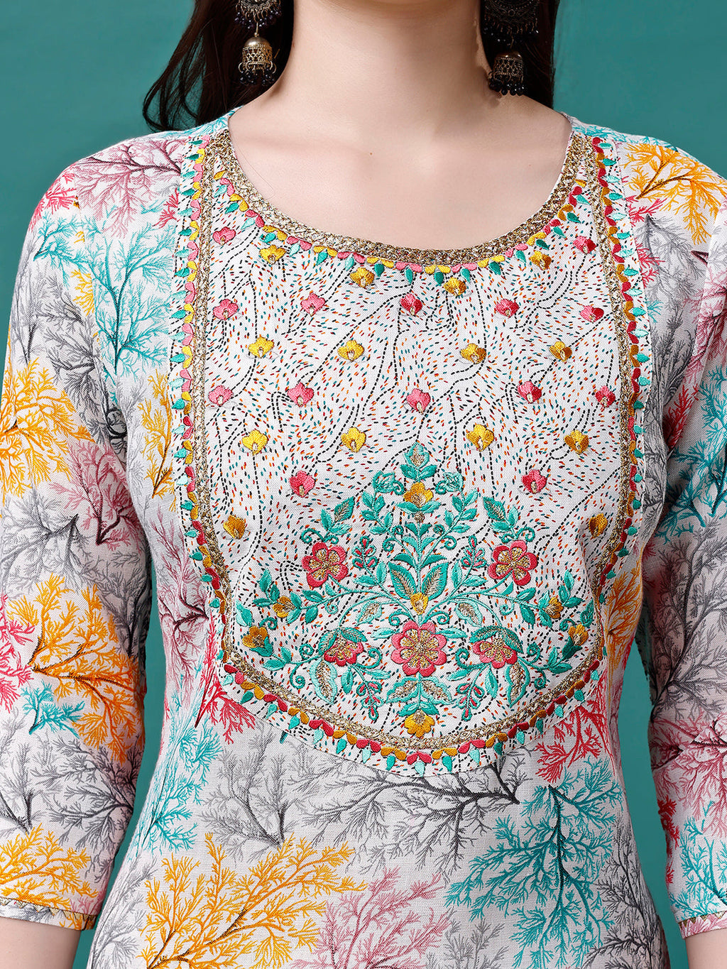 Embroidered & Printed Multicolor Kurta With Pant & Printed Dupatta, Multicolor - Hiral Fashion | Grocsy