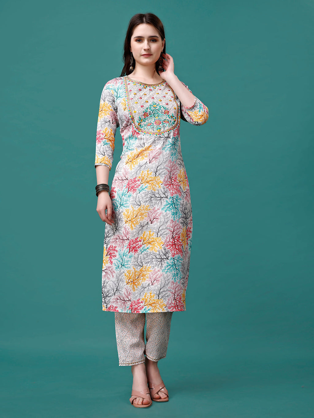 Embroidered & Printed Multicolor Kurta With Pant & Printed Dupatta, Multicolor - Hiral Fashion | Grocsy