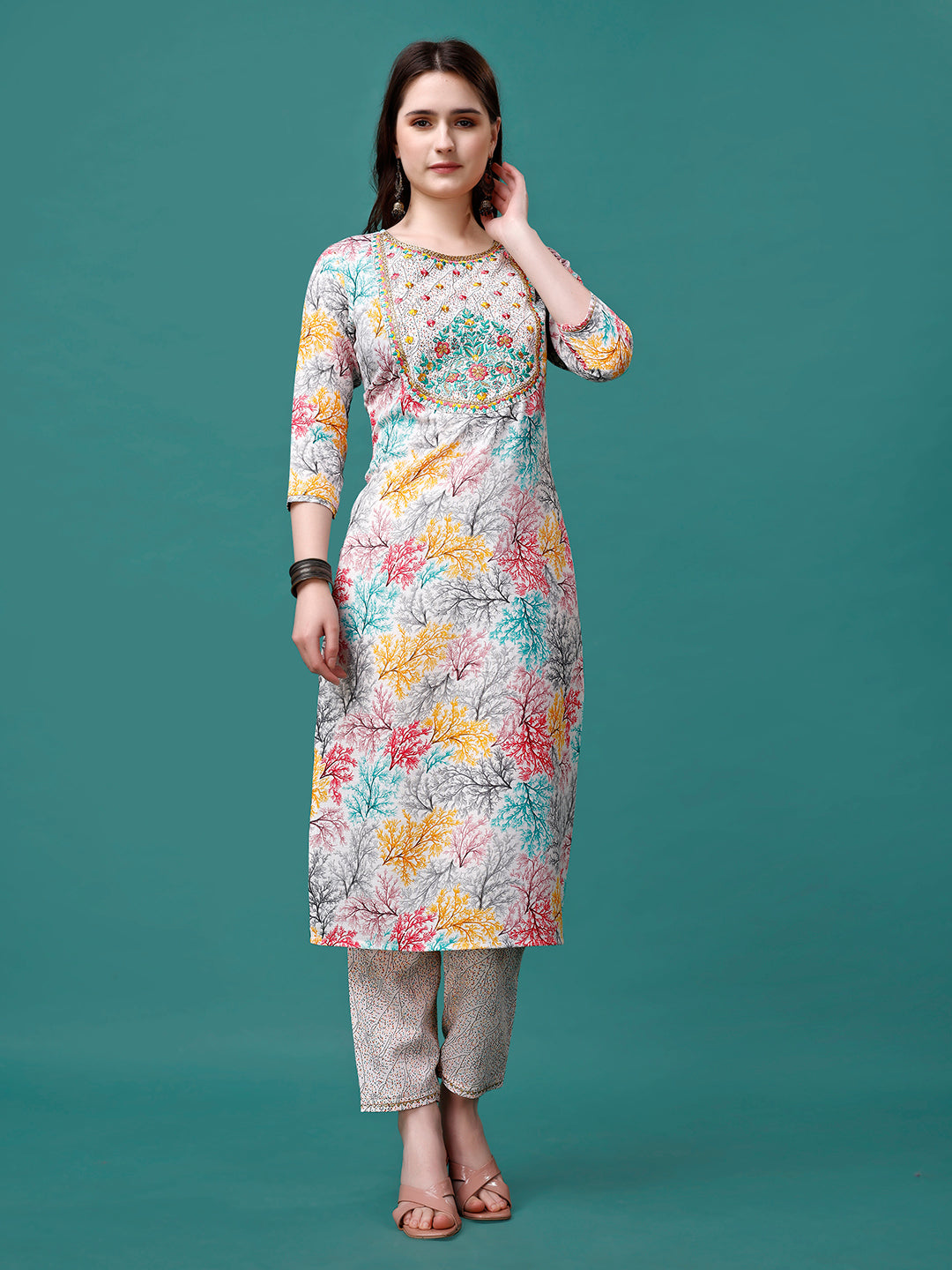 Embroidered & Printed Multicolor Kurta With Pant & Printed Dupatta, Multicolor - Hiral Fashion | Grocsy