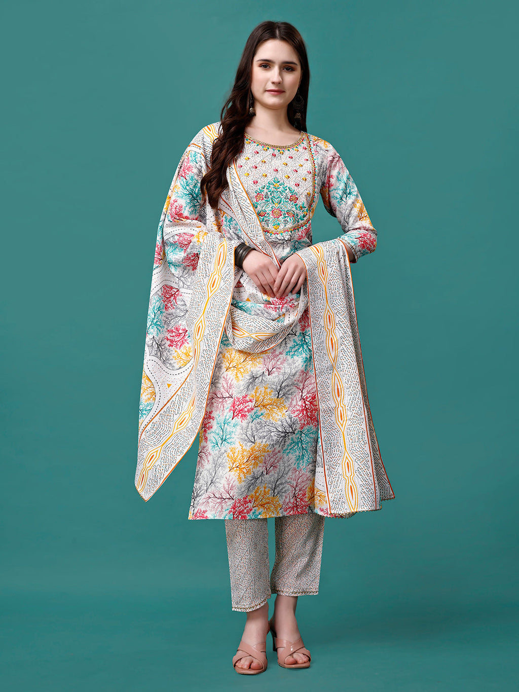 Embroidered & Printed Multicolor Kurta With Pant & Printed Dupatta, Multicolor - Hiral Fashion | Grocsy