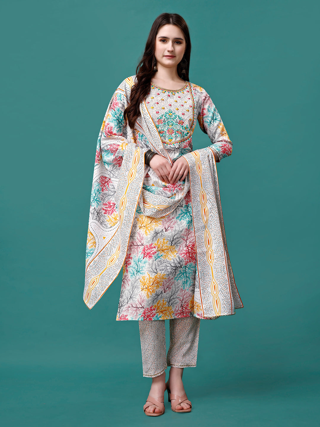 Embroidered & Printed Multicolor Kurta With Pant & Printed Dupatta, Multicolor - Hiral Fashion | Grocsy