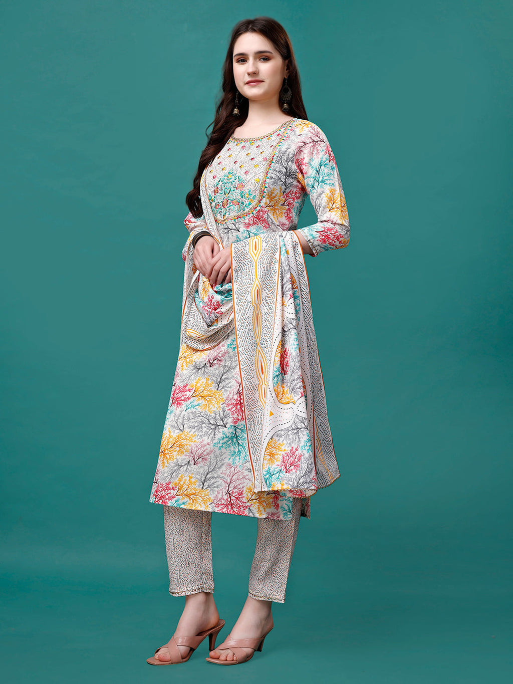 Embroidered & Printed Multicolor Kurta With Pant & Printed Dupatta, Multicolor - Hiral Fashion | Grocsy