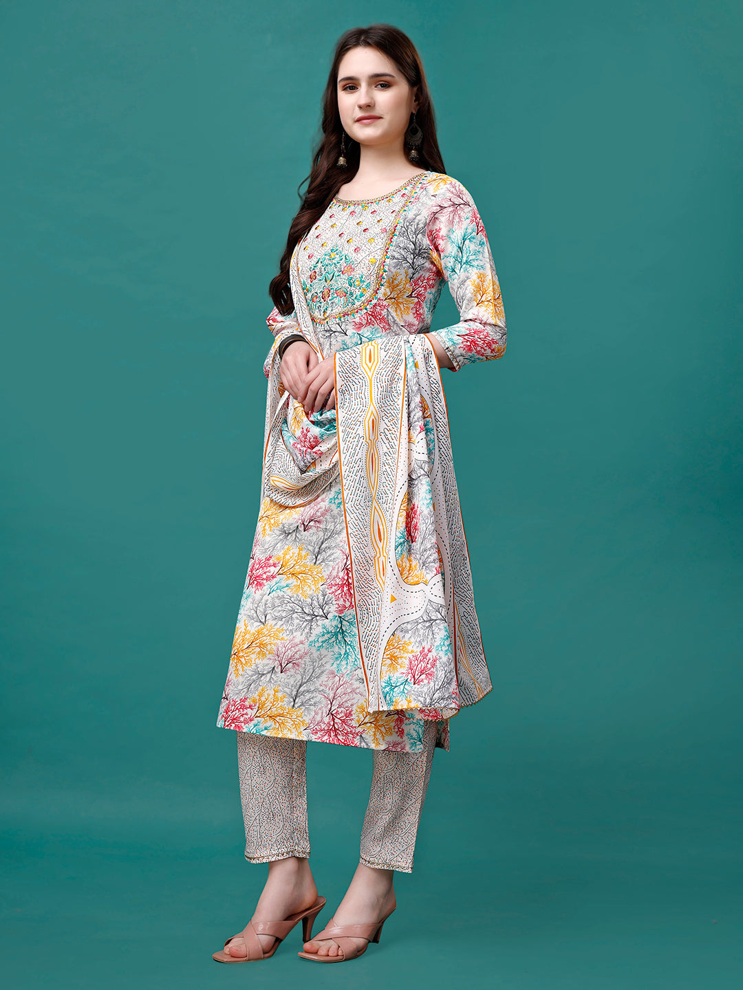 Embroidered & Printed Multicolor Kurta With Pant & Printed Dupatta, Multicolor - Hiral Fashion | Grocsy