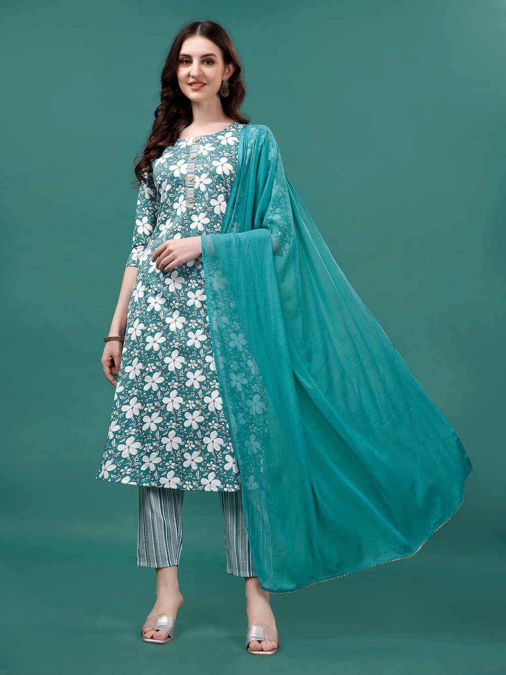 Floral Printed Casual Wear Kurta With Pant & Dupatta, Multicolor - Hiral Fashion | Grocsy