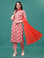 Floral Printed Casual Wear Kurta With Pant & Dupatta, Multicolor - Hiral Fashion | Grocsy