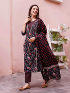 Floral Printed Kurta With Pant & Dupatta, Multicolor - Hiral Fashion | Grocsy