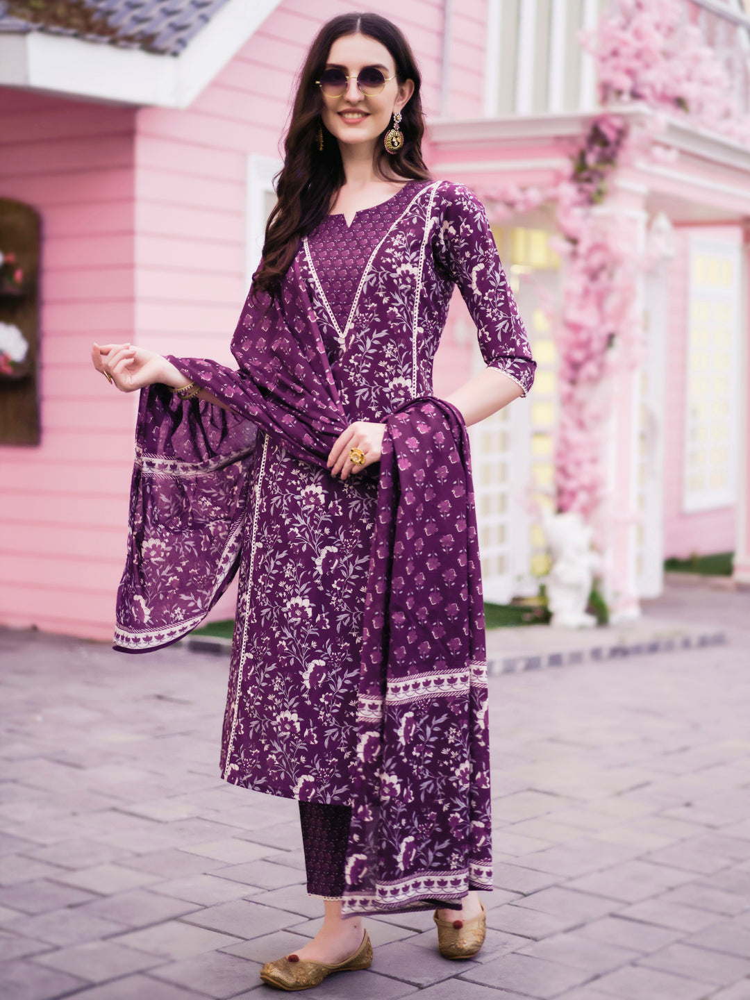Floral Printed Kurta With Pant & Dupatta, Multicolor - Hiral Fashion | Grocsy
