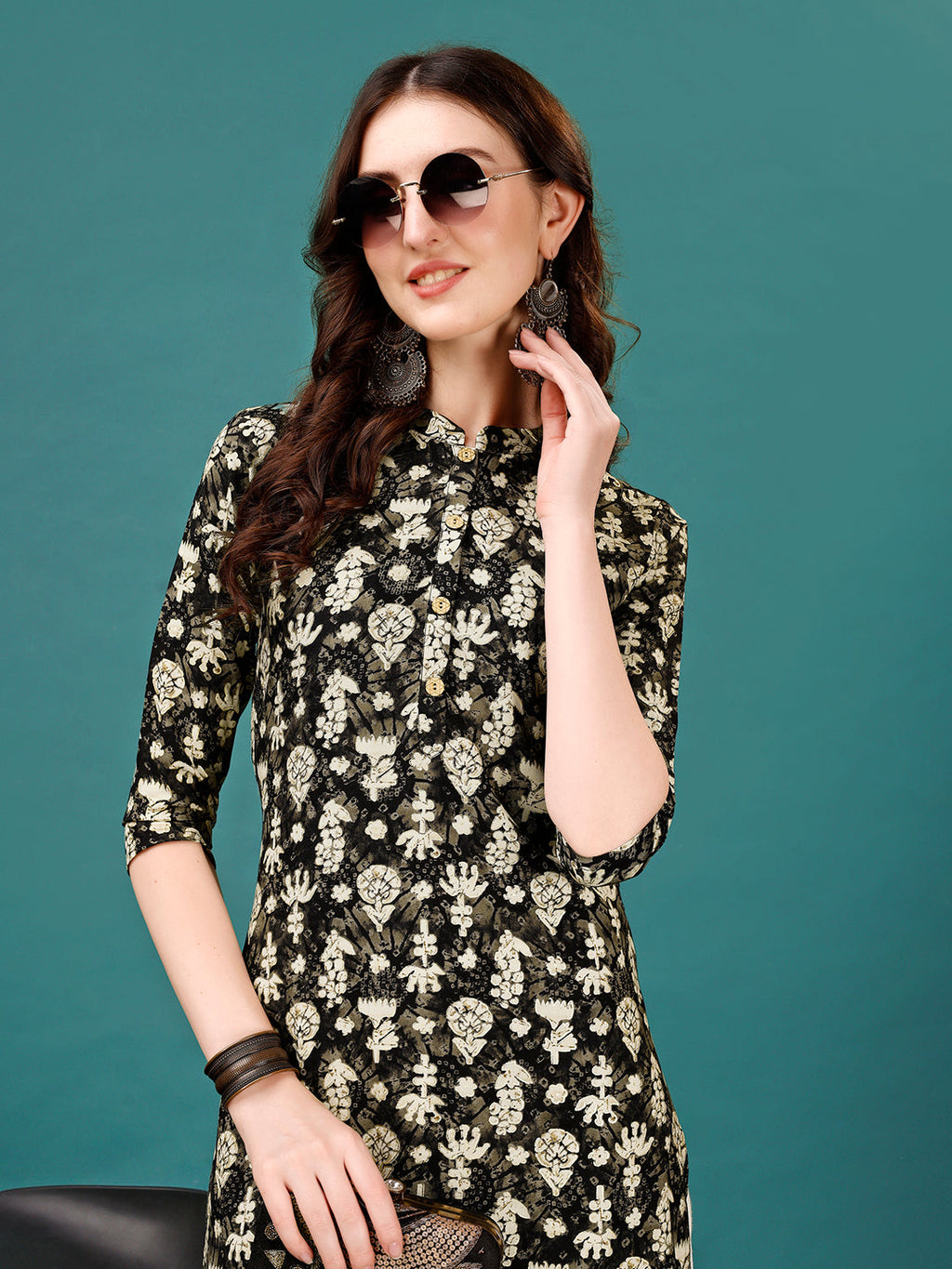 Ethnic Motifs Printed Front Buttoned Rayon Kurta, Multicolor - Hiral Fashion | Grocsy