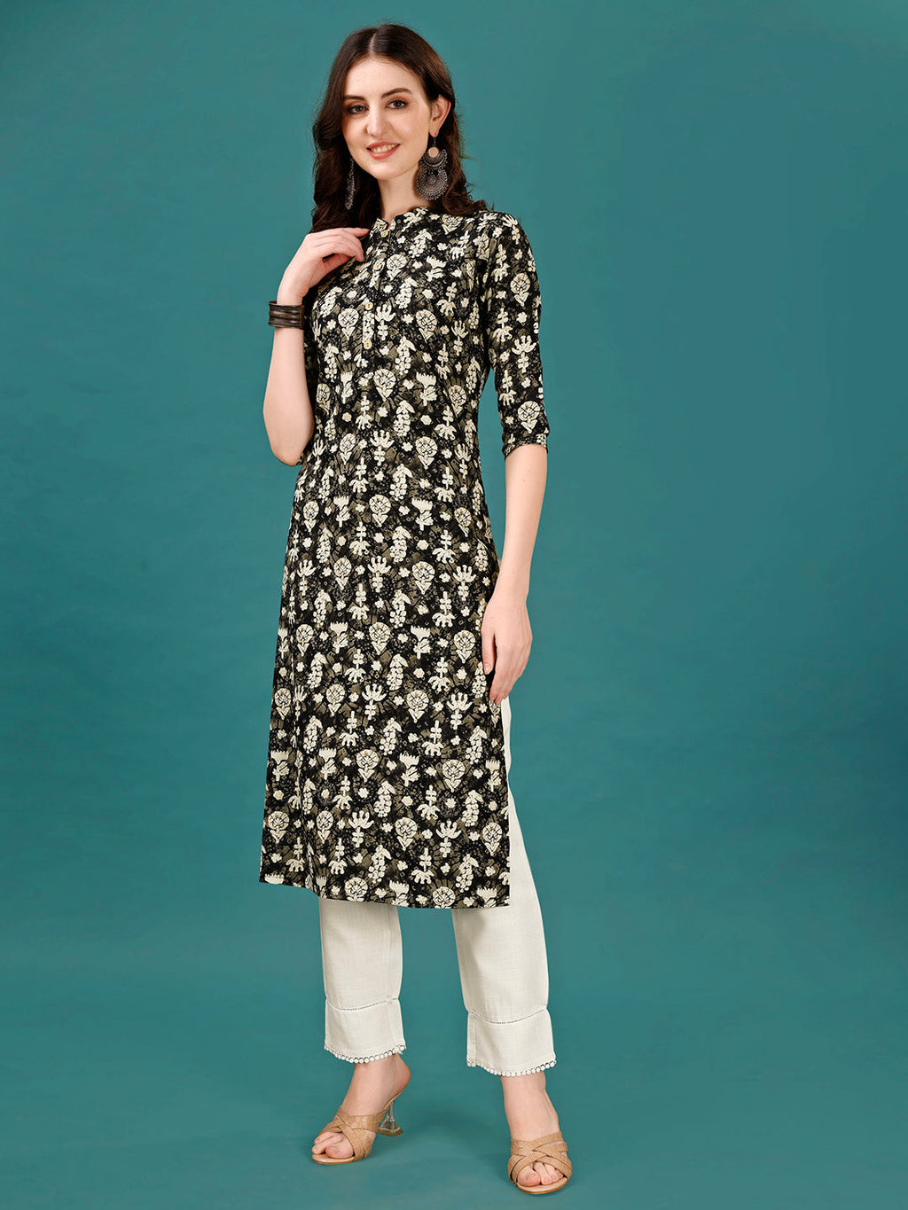 Ethnic Motifs Printed Front Buttoned Rayon Kurta, Multicolor - Hiral Fashion | Grocsy
