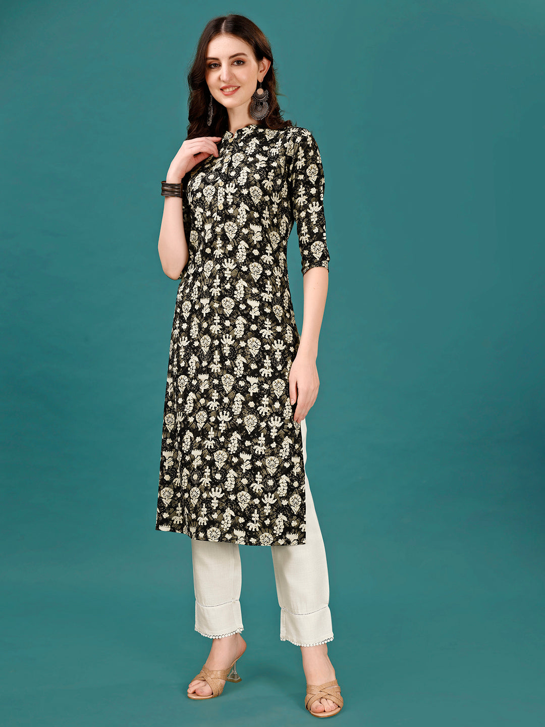 Ethnic Motifs Printed Front Buttoned Rayon Kurta, Multicolor - Hiral Fashion | Grocsy
