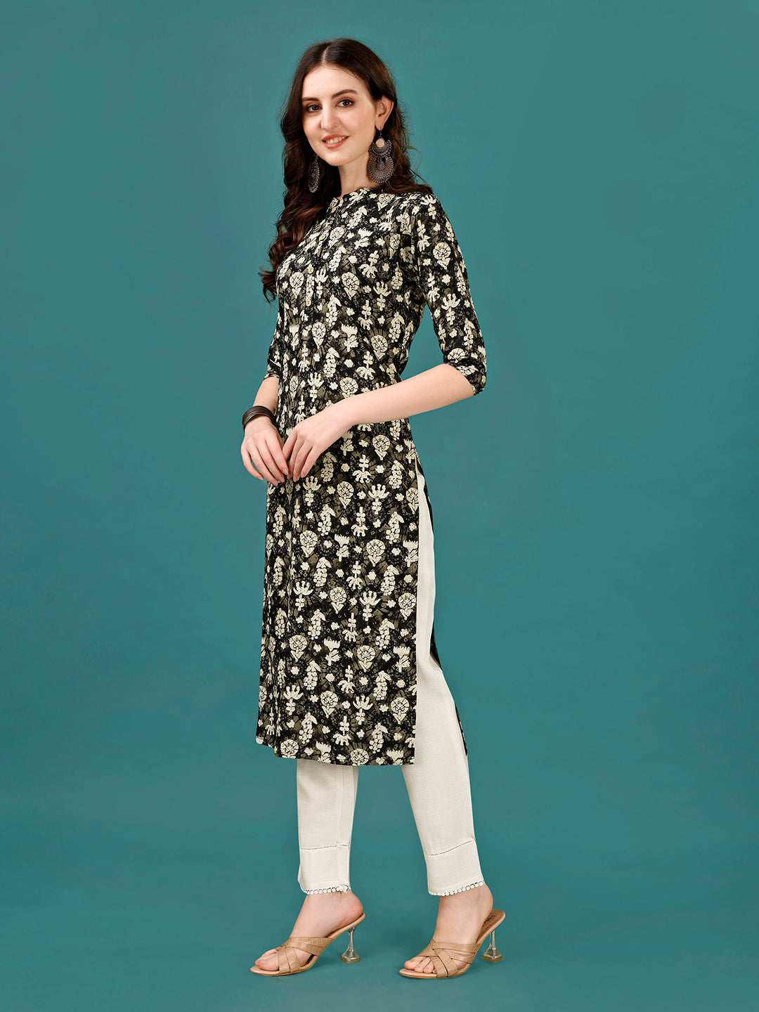 Ethnic Motifs Printed Front Buttoned Rayon Kurta, Multicolor - Hiral Fashion | Grocsy