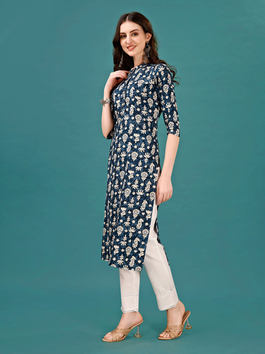 Ethnic Motifs Printed Front Buttoned Rayon Kurta, Multicolor - Hiral Fashion | Grocsy