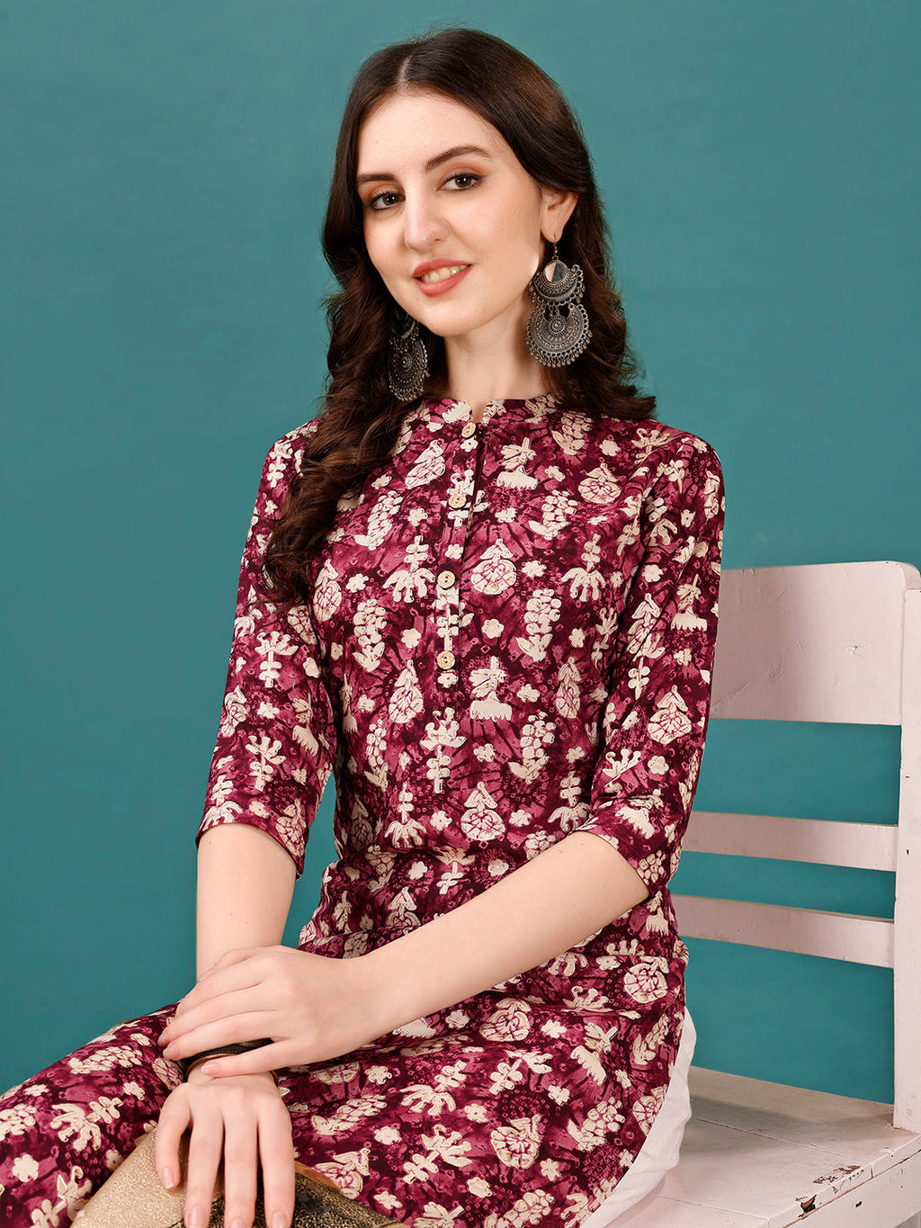 Ethnic Motifs Printed Front Buttoned Rayon Kurta, Multicolor - Hiral Fashion | Grocsy