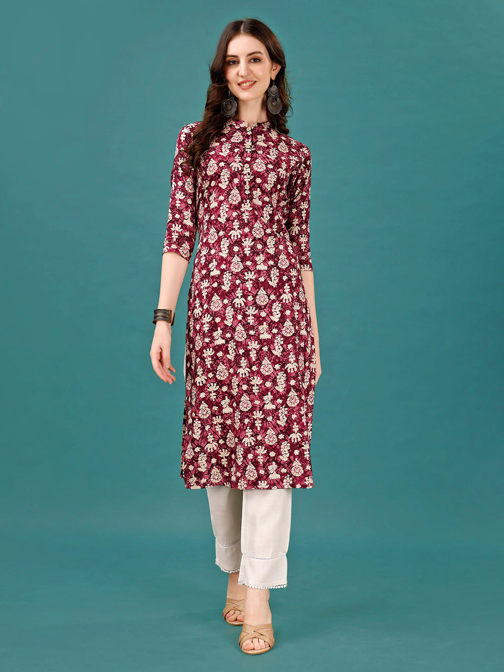 Ethnic Motifs Printed Front Buttoned Rayon Kurta, Multicolor - Hiral Fashion | Grocsy