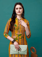 Botanical & Stripes Printed Front Buttoned Cotton Kurta, Multicolor - Hiral Fashion | Grocsy