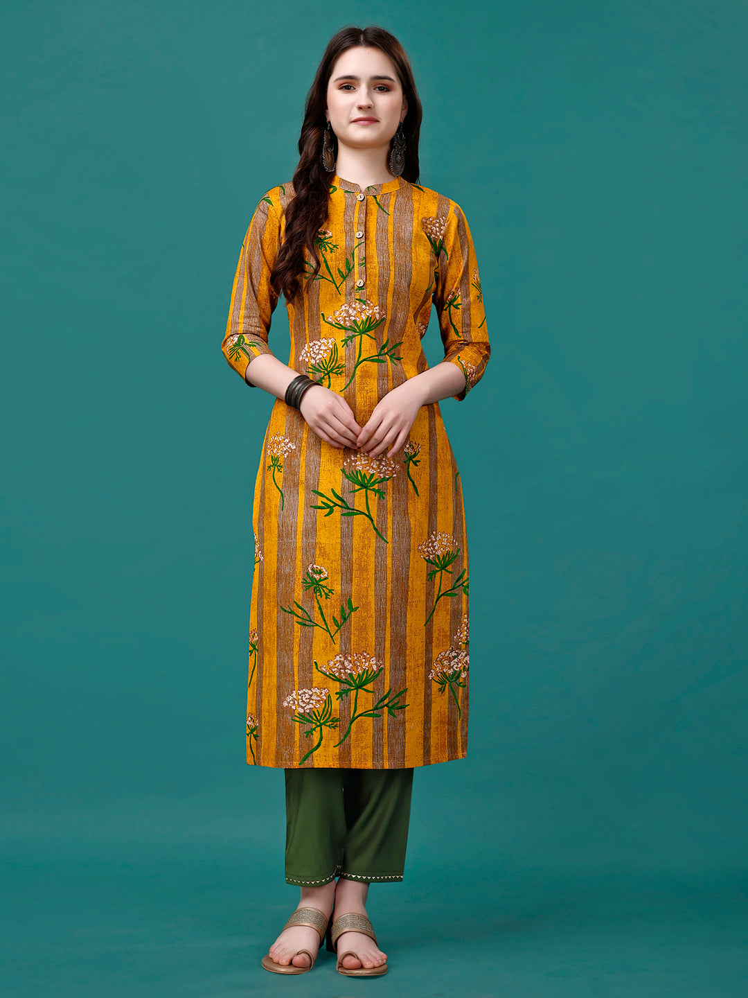 Botanical & Stripes Printed Front Buttoned Cotton Kurta, Multicolor - Hiral Fashion | Grocsy