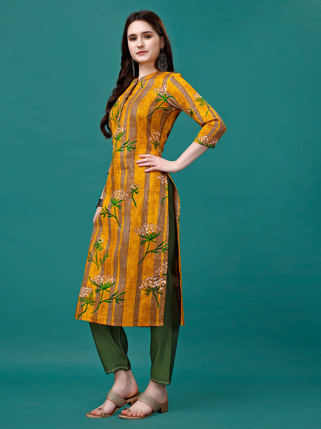 Botanical & Stripes Printed Front Buttoned Cotton Kurta, Multicolor - Hiral Fashion | Grocsy