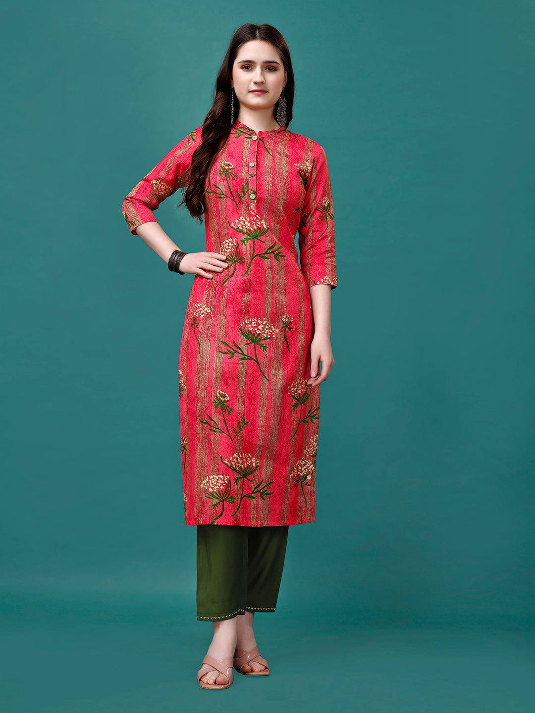 Botanical & Stripes Printed Front Buttoned Cotton Kurta, Multicolor - Hiral Fashion | Grocsy