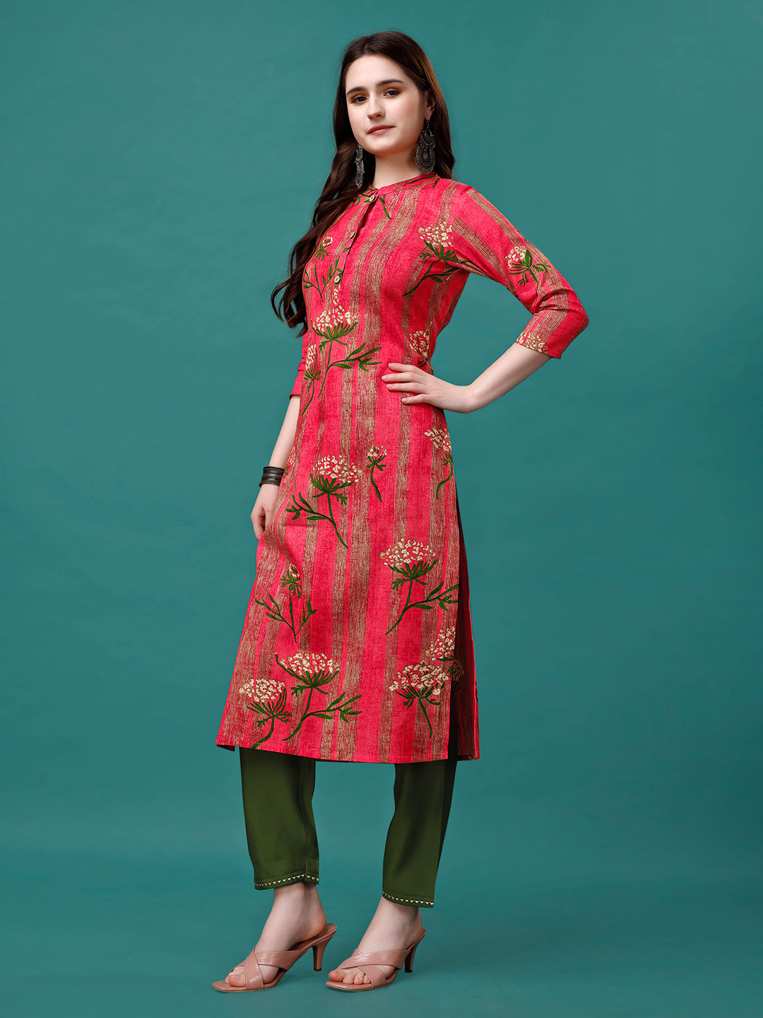 Botanical & Stripes Printed Front Buttoned Cotton Kurta, Multicolor - Hiral Fashion | Grocsy