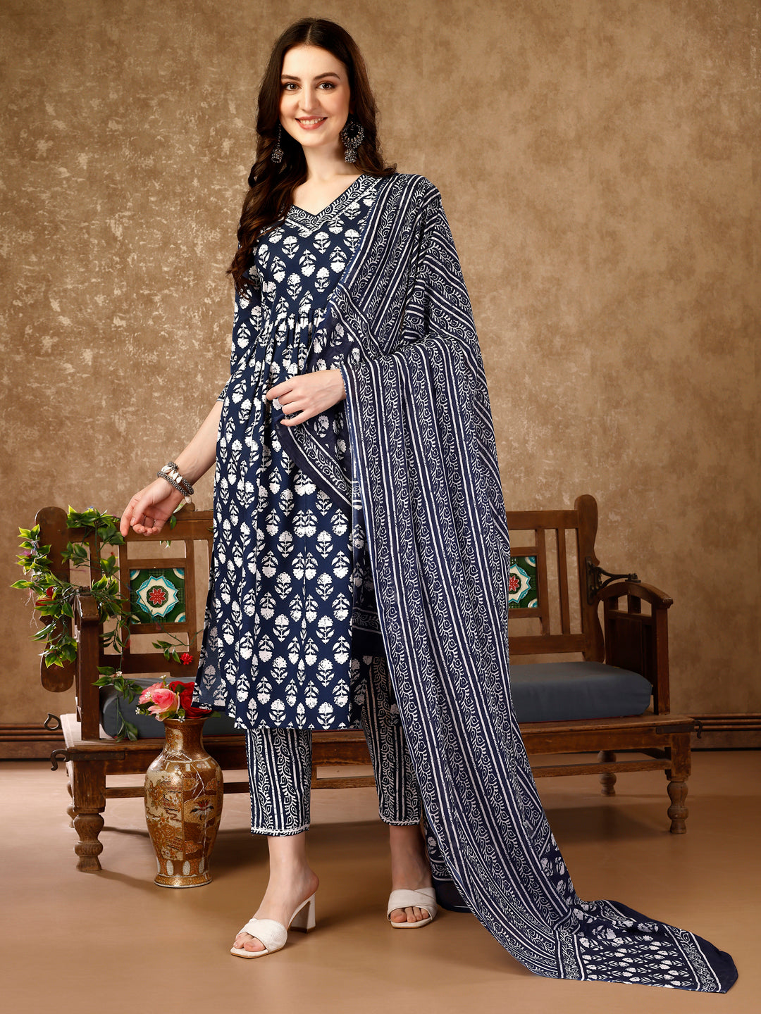 Nyra Cut Ethnic Motifs Printed Kurta With Pant & Dupatta, Multicolor - Hiral Fashion | Grocsy