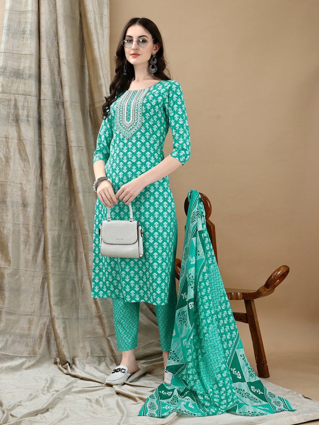Embroidered & Printed Kurta With Pant & Dupatta, Blue - Hiral Fashion | Grocsy