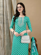 Embroidered & Printed Kurta With Pant & Dupatta, Blue - Hiral Fashion | Grocsy