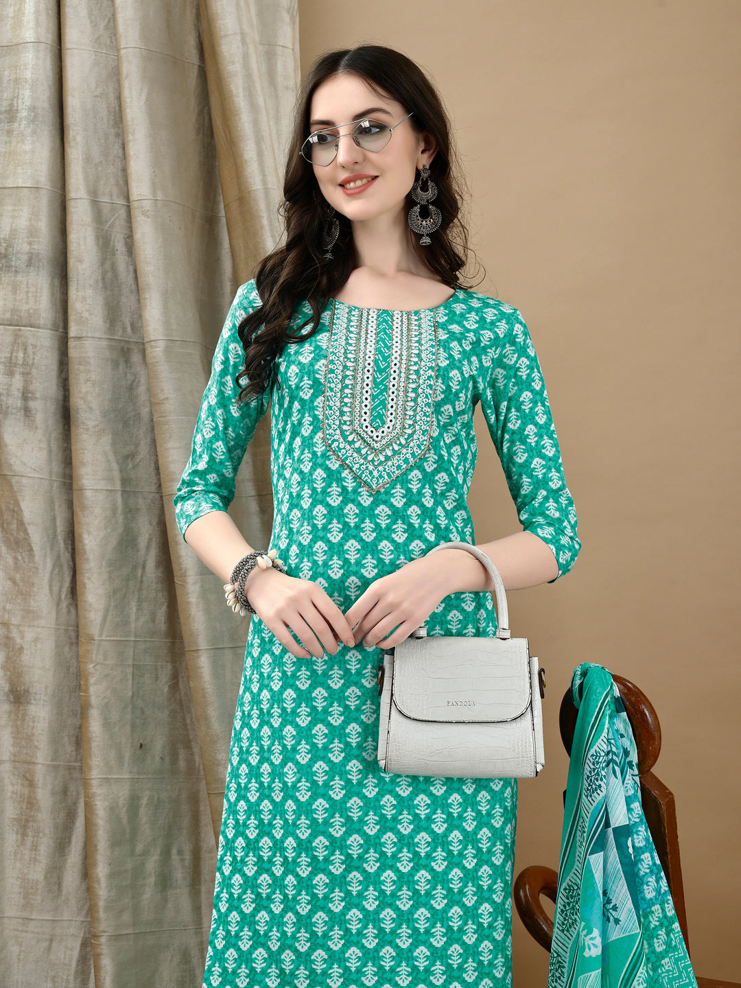 Embroidered & Printed Kurta With Pant & Dupatta, Blue - Hiral Fashion | Grocsy