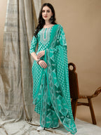 Embroidered & Printed Kurta With Pant & Dupatta, Blue - Hiral Fashion | Grocsy