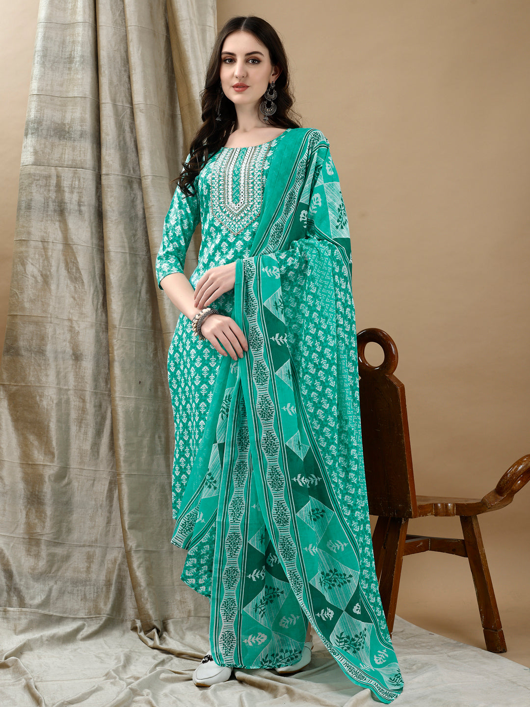 Embroidered & Printed Kurta With Pant & Dupatta, Blue - Hiral Fashion | Grocsy