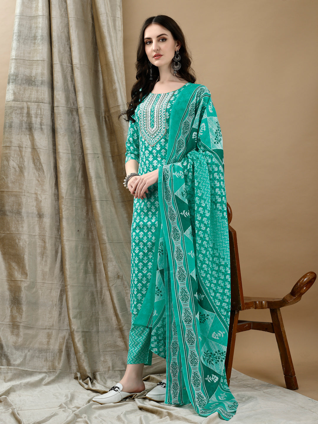 Embroidered & Printed Kurta With Pant & Dupatta, Blue - Hiral Fashion | Grocsy