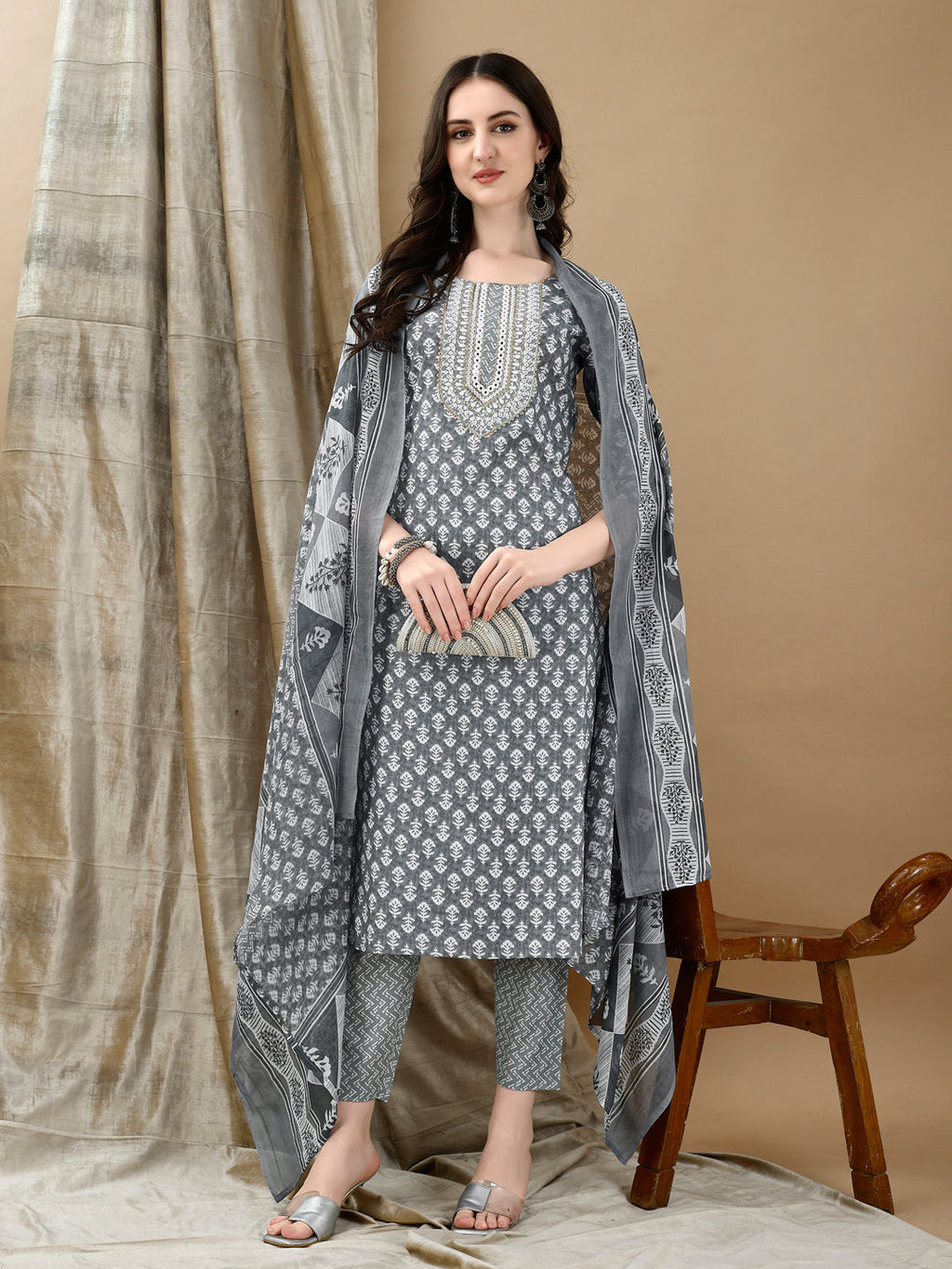 Embroidered & Printed Kurta With Pant & Dupatta, Grey - Hiral Fashion | Grocsy